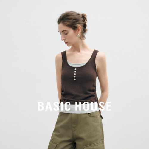 Basic House/百家好复古舒适撞色假两件拼接背心时髦褶皱圆领吊带