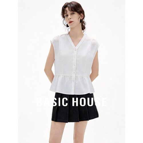 Basic House/百家好百搭白色荷叶边无袖上衣收腰显瘦设计感衬衫女