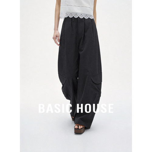 Basic House/百家好高腰纯色工装阔腿裤女夏季宽松显瘦休闲长裤
