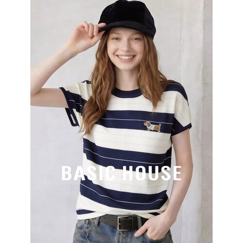 Basic House/百家好时尚简约小狗刺绣条纹针织衫女短袖夏季上衣