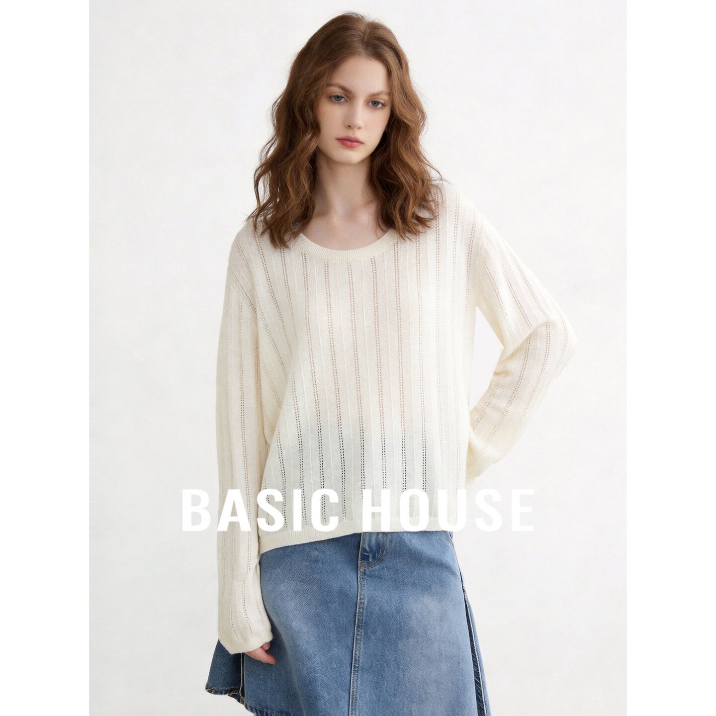 Basic House/百家好米杏色圆领长袖针织毛衣女秋宽松套头极简韩版