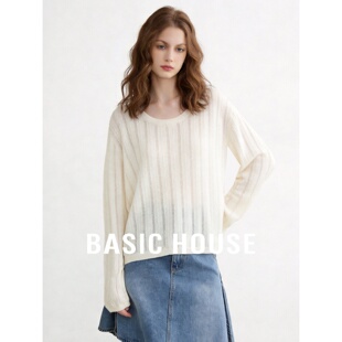 Basic House/百家好米杏色圆领长袖针织毛衣女秋宽松套头极简韩版