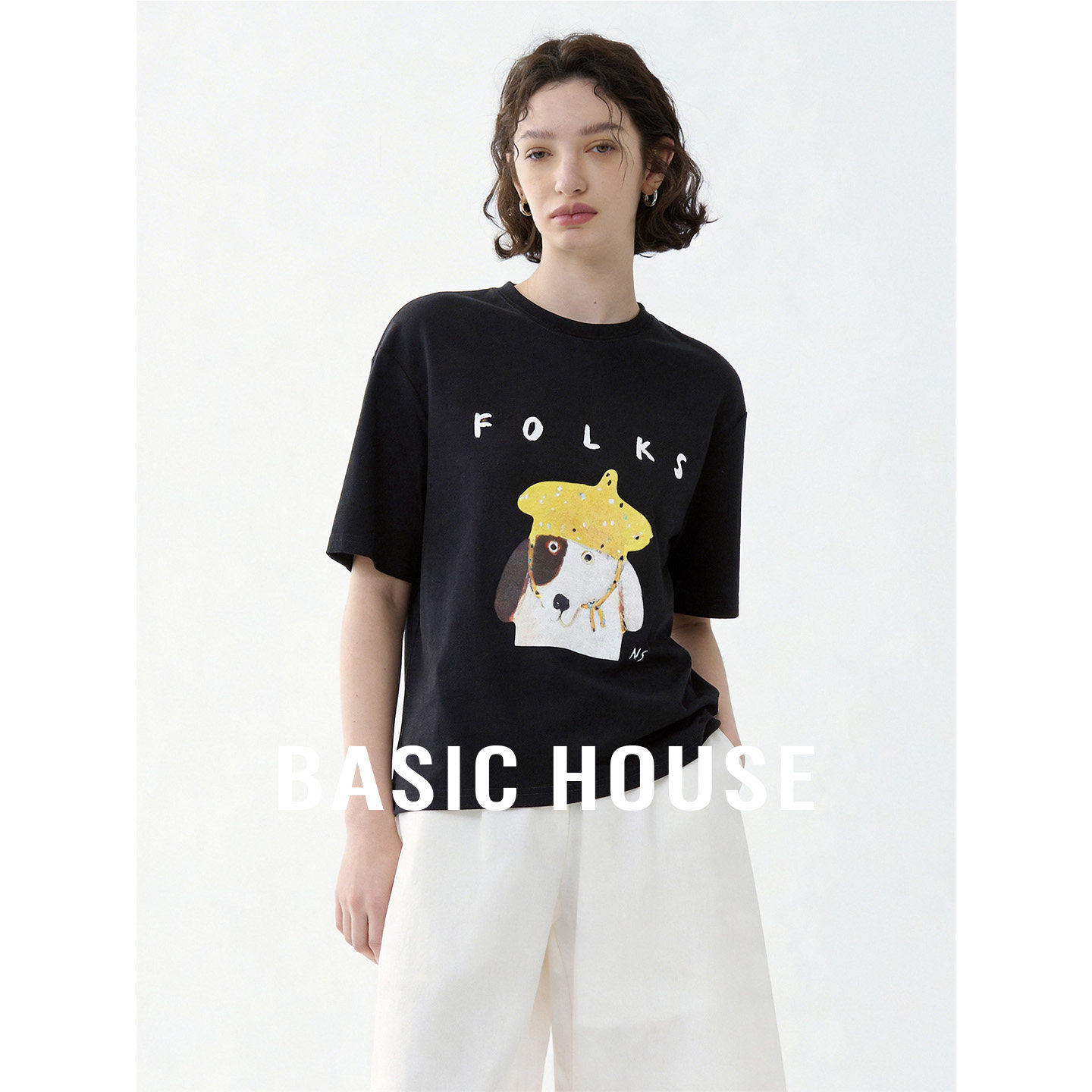 Basic House/百家好夏季新款休闲圆领正肩小狗印花短袖T恤显瘦女