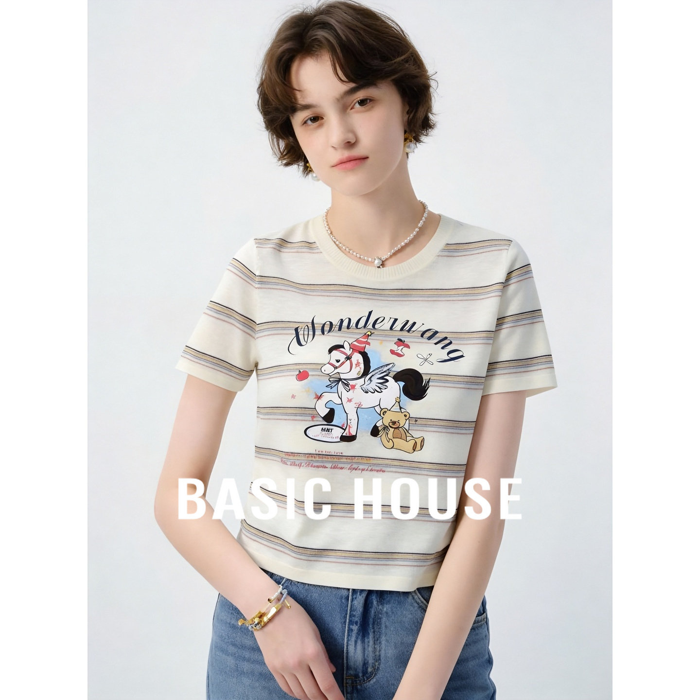Basic House/百家好卡通印花条纹短袖针织衫女夏显瘦减龄针织上衣