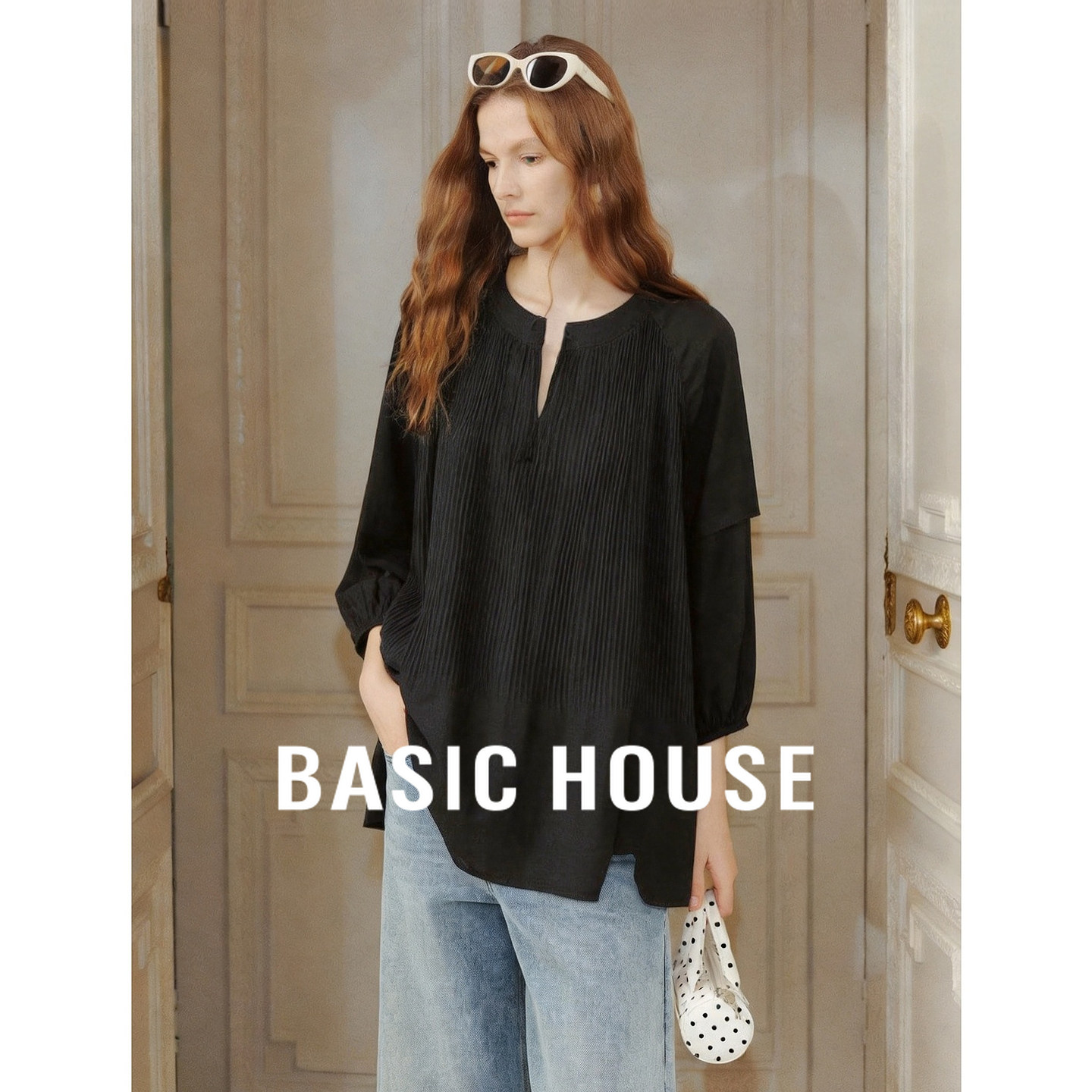Basic House/百家好黑色圆领七分袖压褶衬衫女夏季通勤基础款上衣