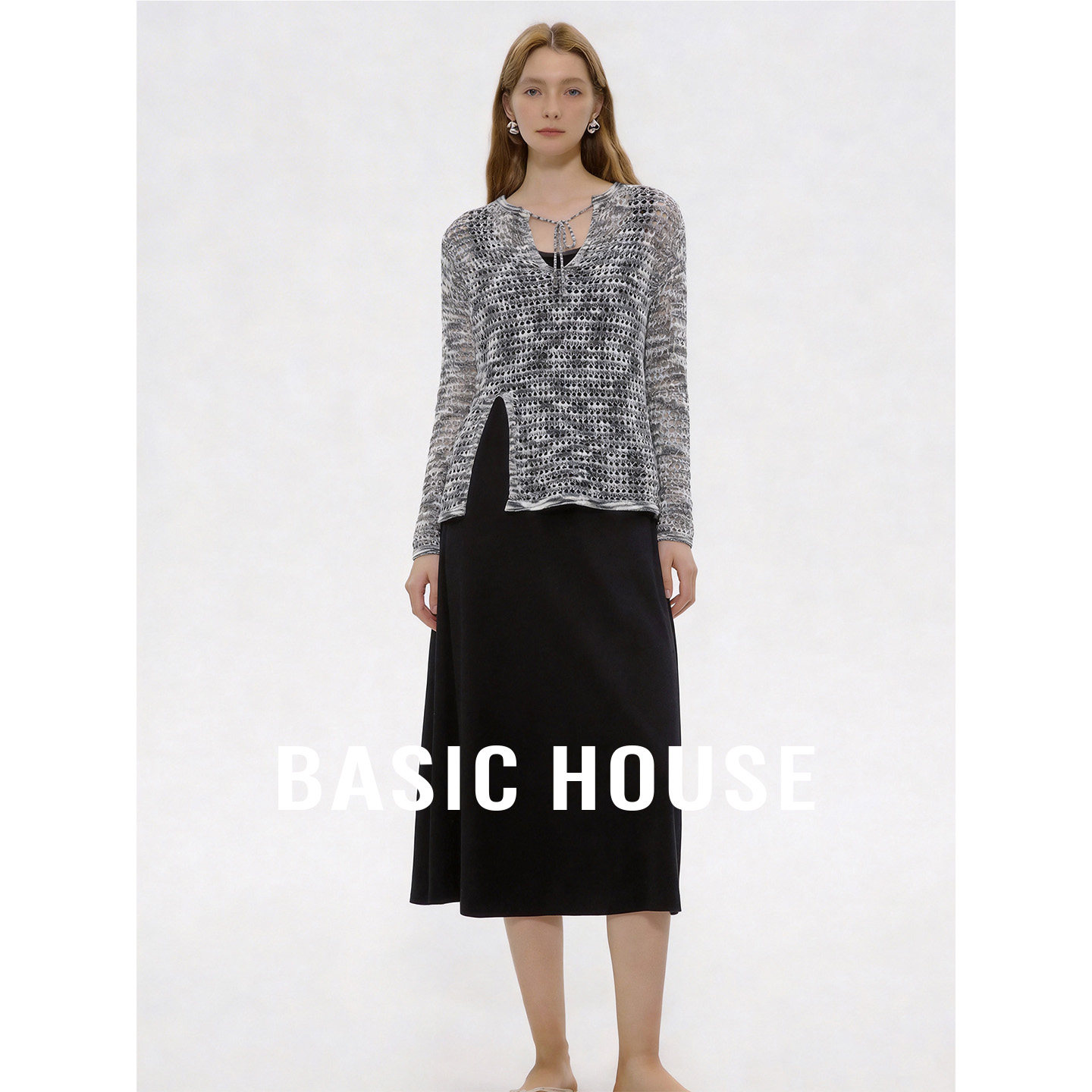 Basic House/百家好夏季气质套装女吊带连衣裙不规则针织衫两件套