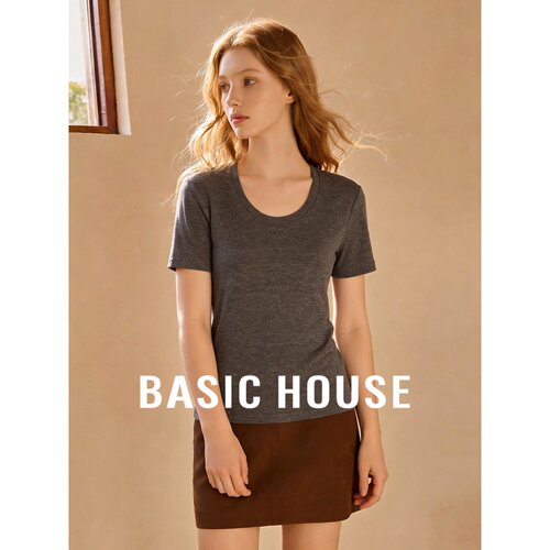Basic House/百家好莱赛尔羊毛灰色圆领短袖T恤简约修身显瘦上衣