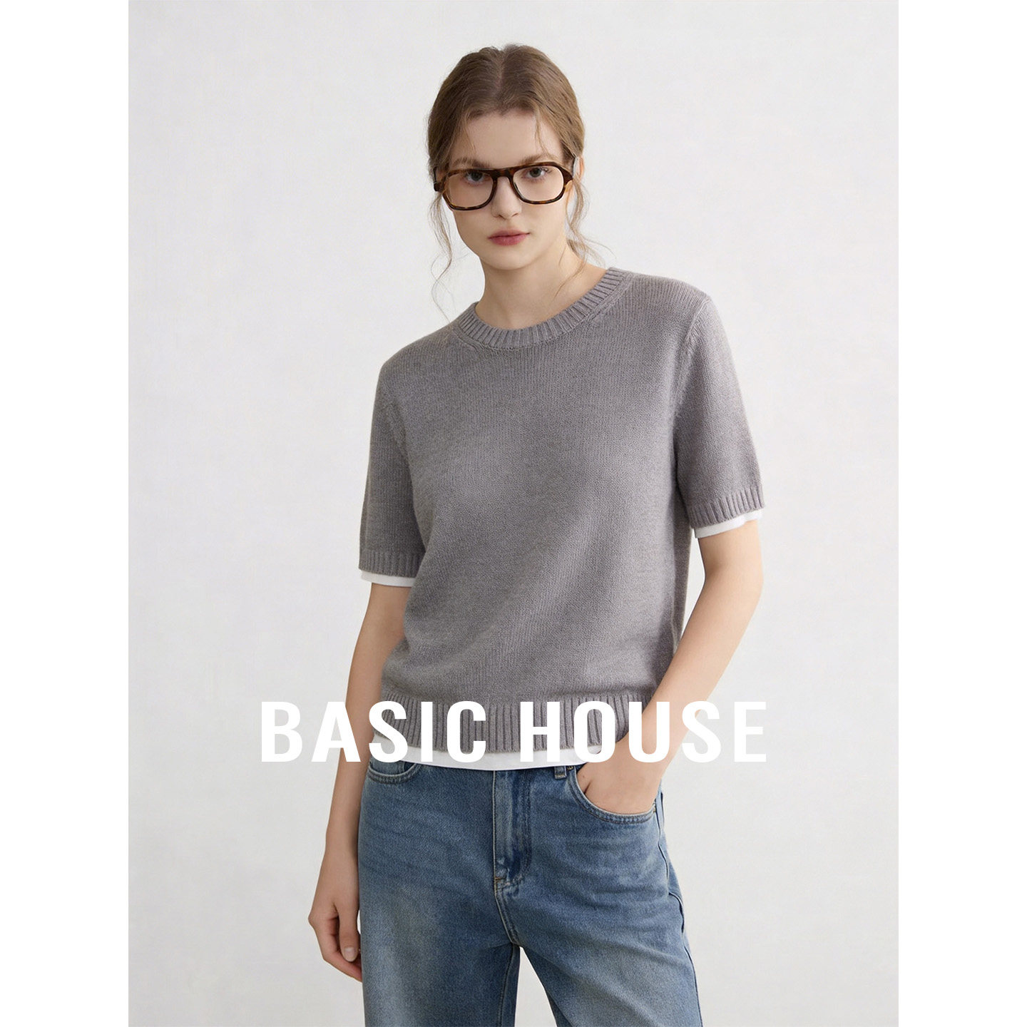 Basic House/百家好撞色假两件短袖针织衫女夏季圆领宽松套头上衣