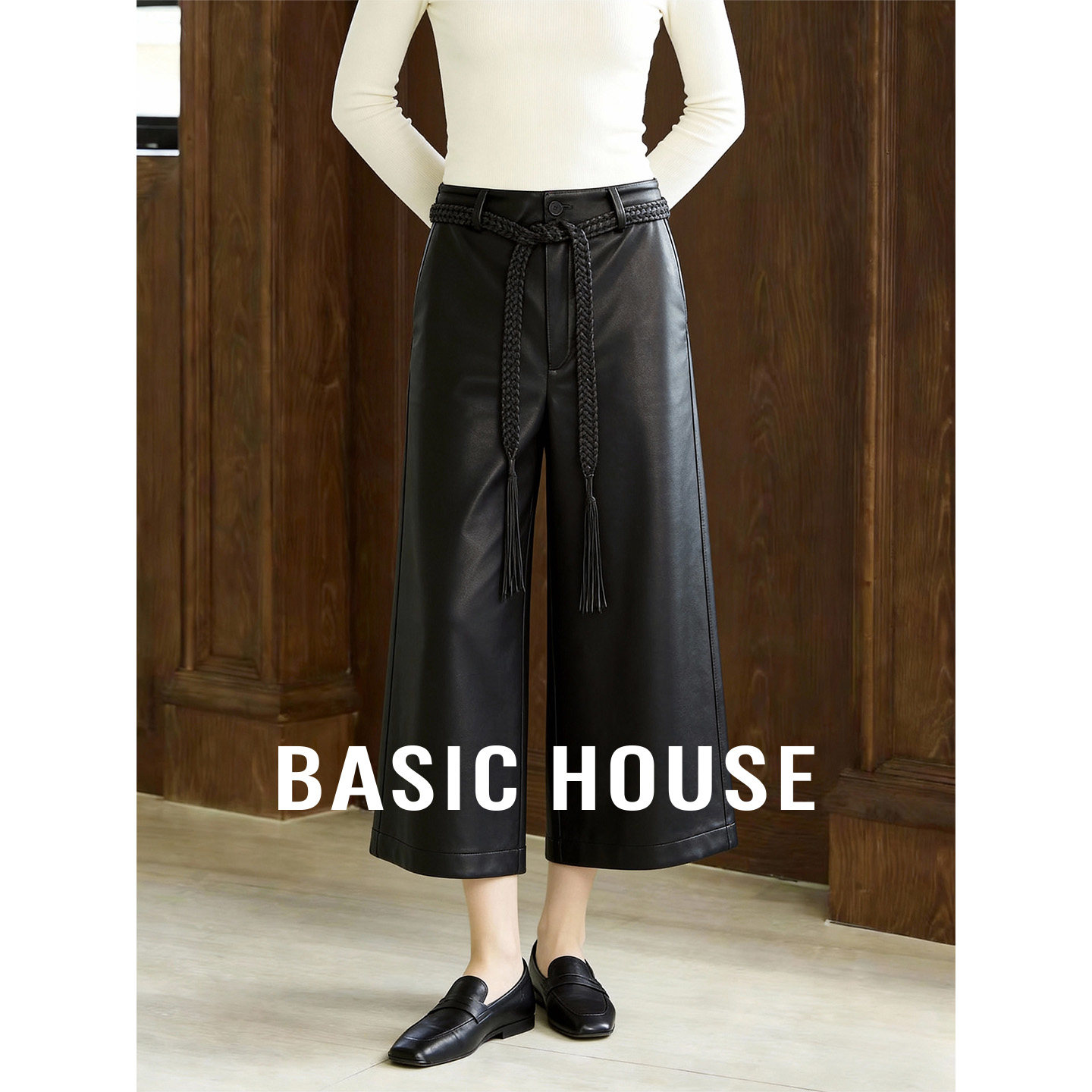 Basic House/百家好黑色PU直筒皮裤女春季新款宽松百搭七分休闲裤