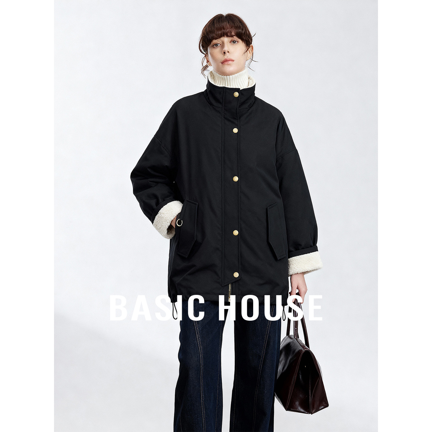Basic House/百家好冬季新款百搭加厚中长款外套女单排扣简约上衣
