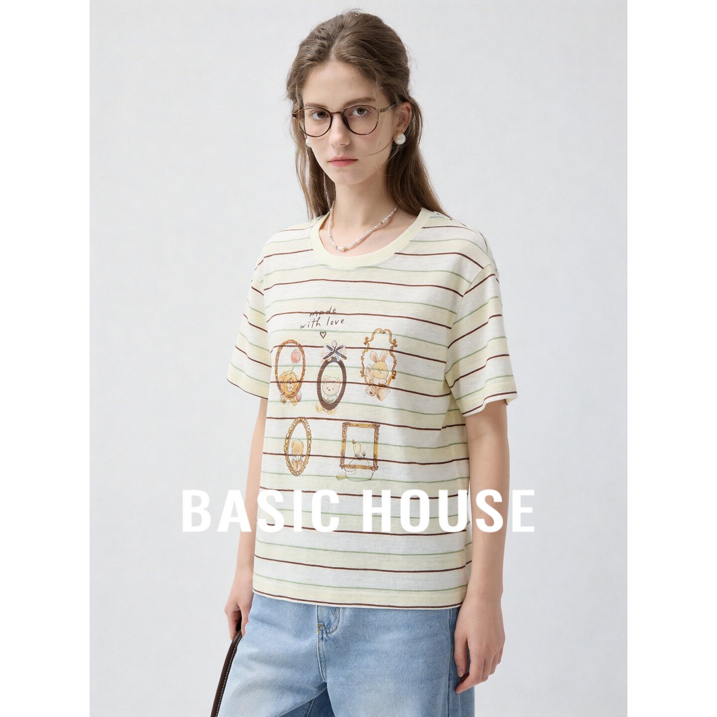 Basic House/百家好韩系黄条纹印花短袖T恤女夏宽松圆领百搭上衣