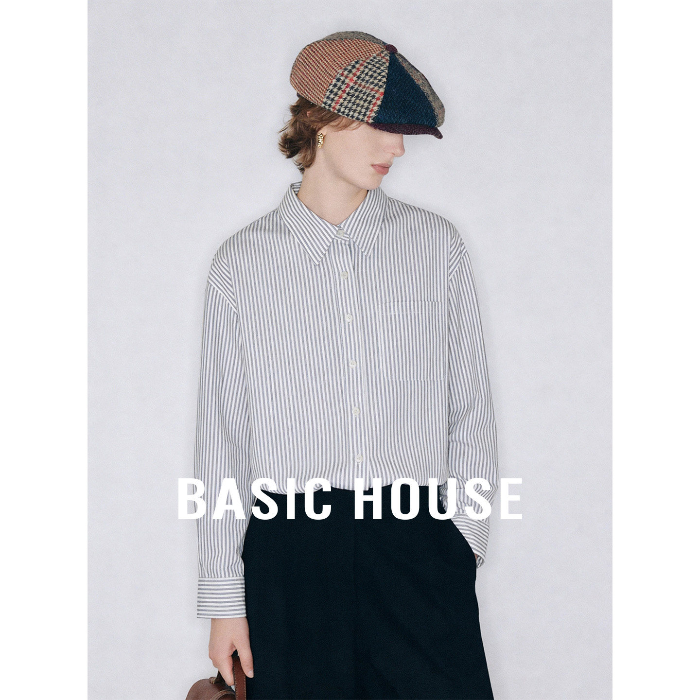 Basic House/百家好经典黑白撞色条纹设计衬衫女秋季宽松休闲上衣