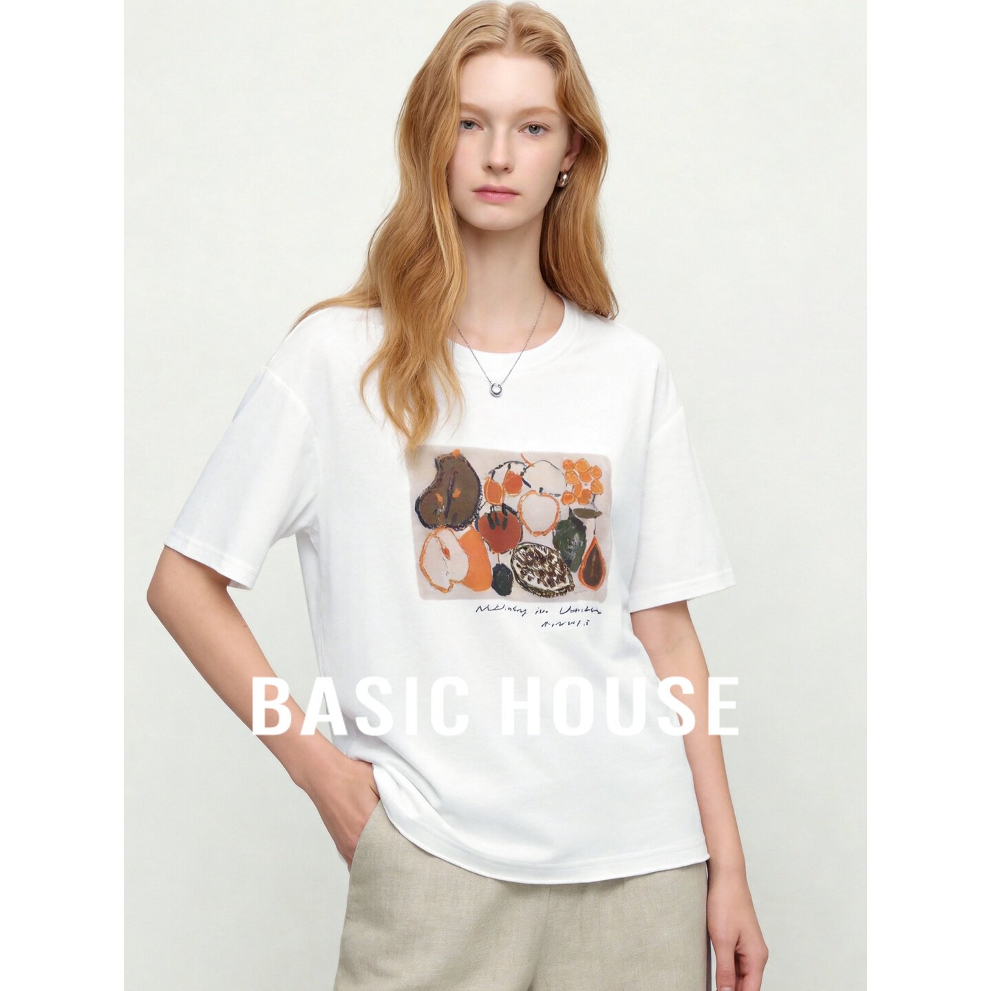 Basic House/百家好白色水果印花短袖T恤女夏季简约百搭宽松上衣