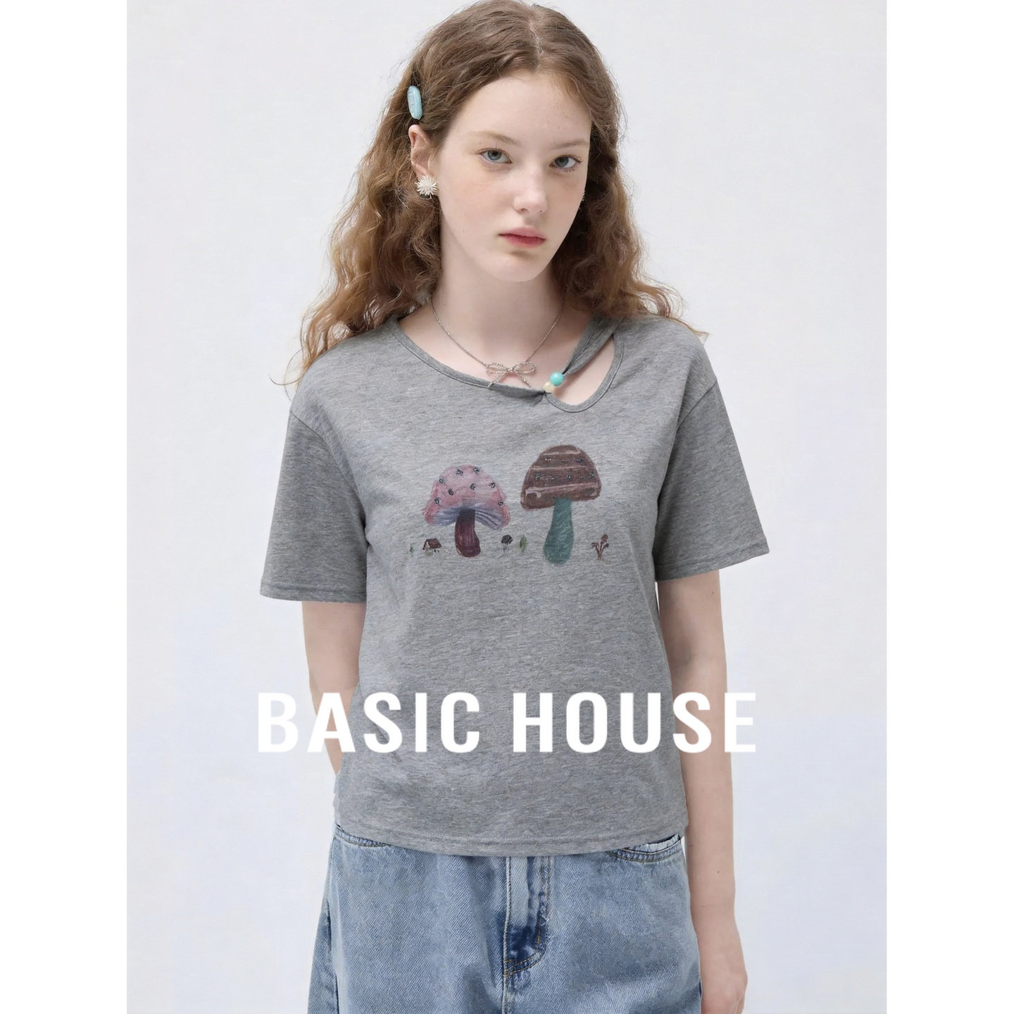 Basic House/百家好蘑菇印花短袖T恤女宽松圆领镂空休闲上衣夏季