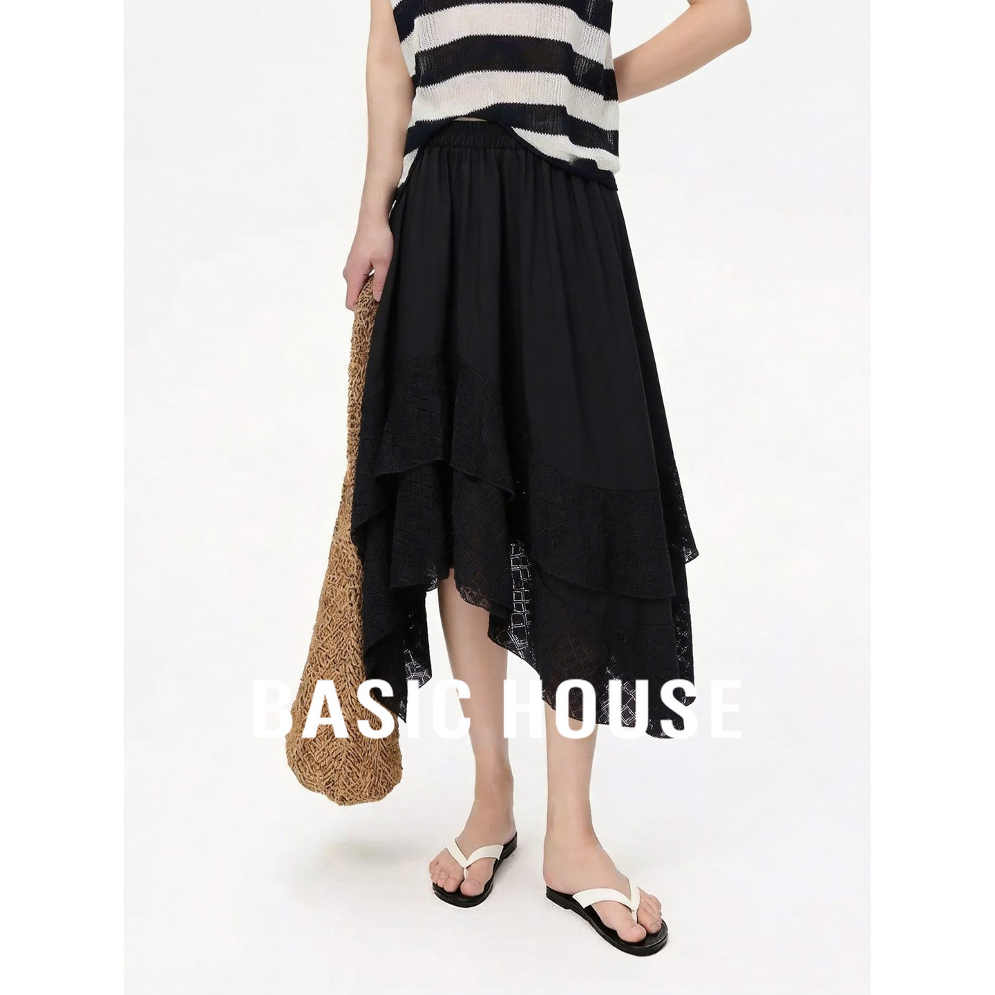 Basic House/百家好黑色层次感半身裙女夏蕾丝拼接显瘦中长裙半身