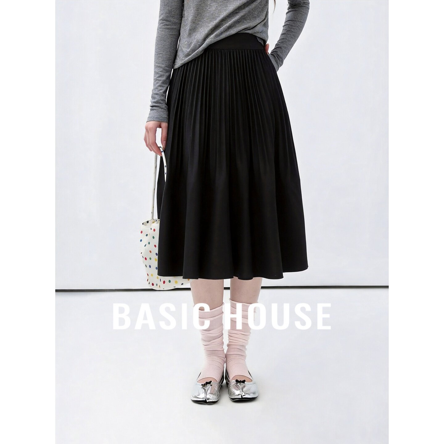 Basic House/百家好黑色高腰显瘦中长款优雅百褶气质A字半身裙女