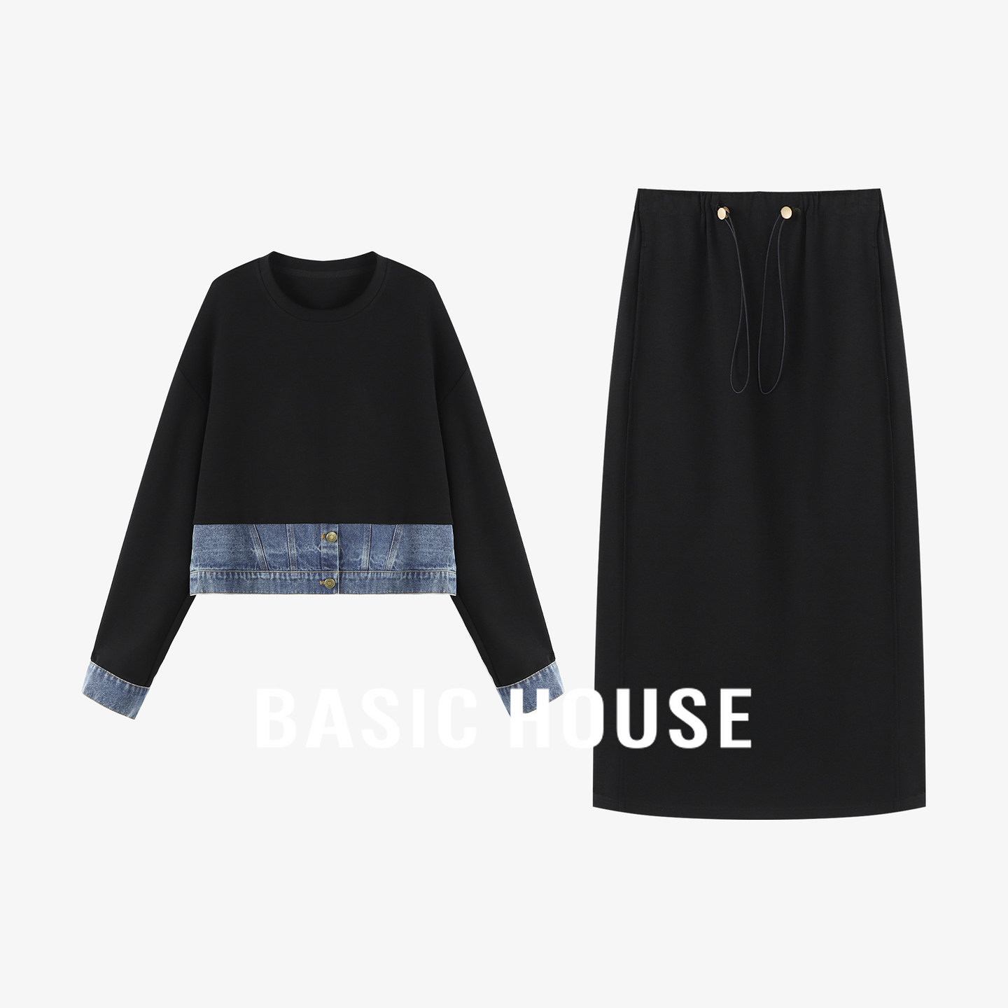 Basic House/百家好高级感气质套装牛仔拼接卫衣开叉半身裙两件套
