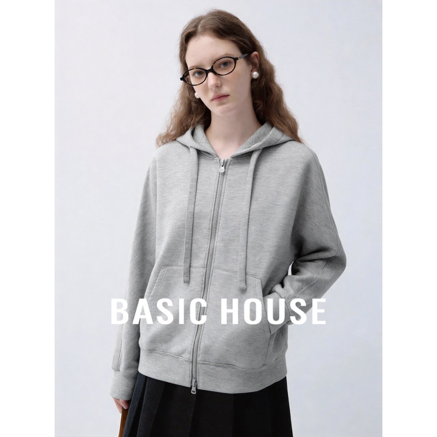 Basic House/百家好2026秋季深灰连帽抽绳直筒长袖开衫卫衣短外套