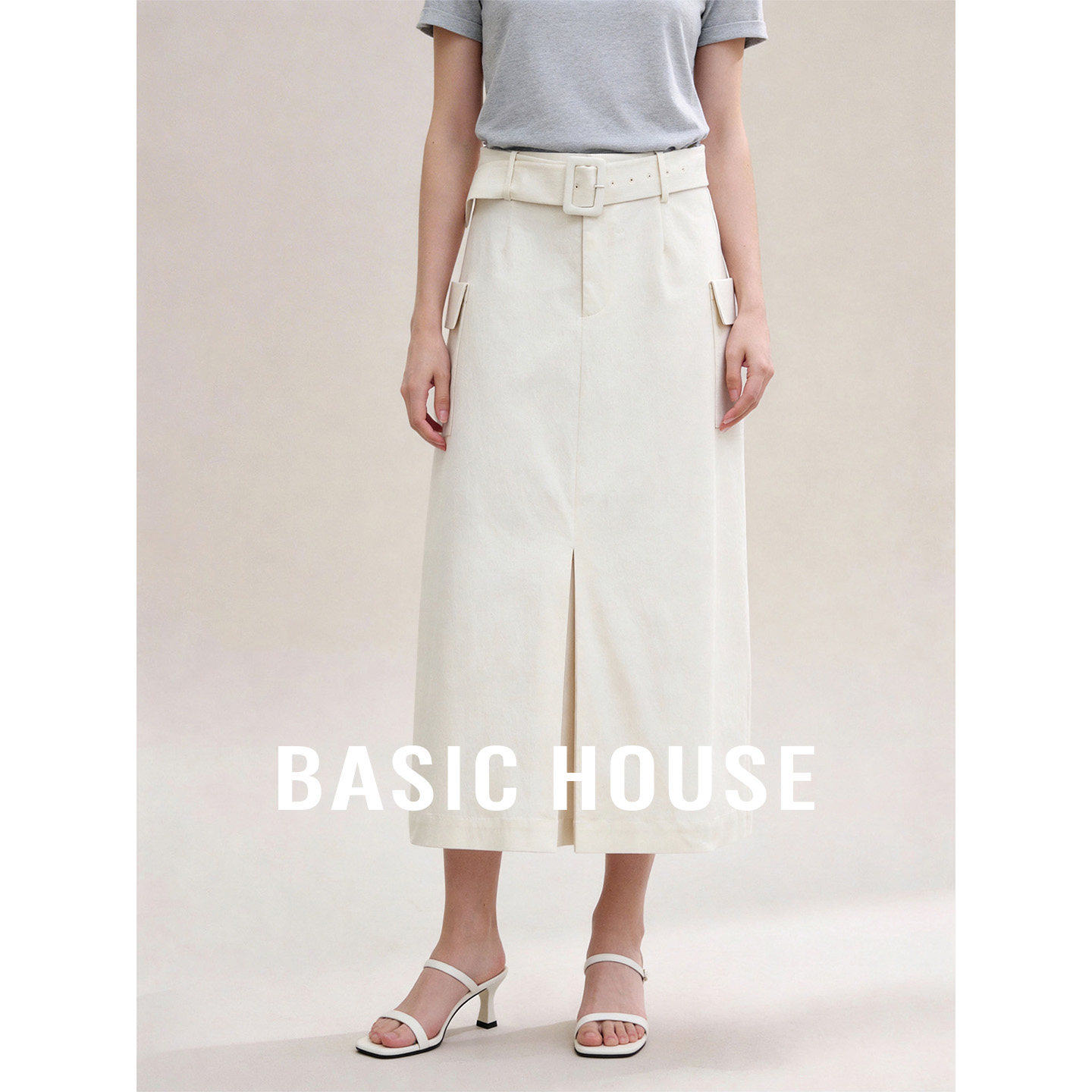 Basic House/百家好自然腰前开叉设计中长半身裙女春简约百搭半裙