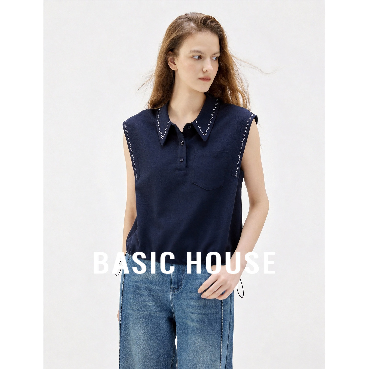 Basic House/百家好藏青无袖POLO领衬衫女夏明线装饰休闲百搭上衣