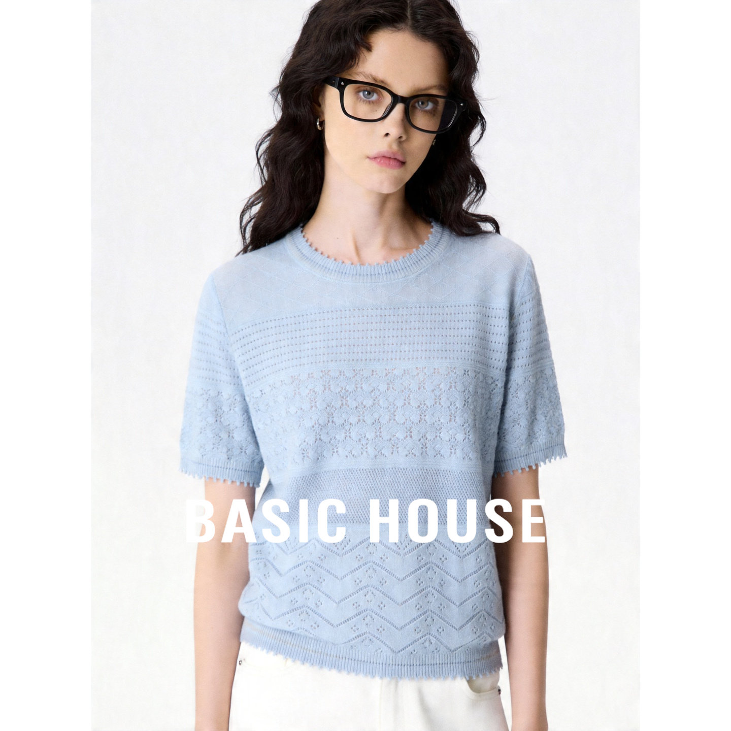Basic House/百家好镂空钩花短袖针织衫女夏季薄款蓝色莱赛尔上衣