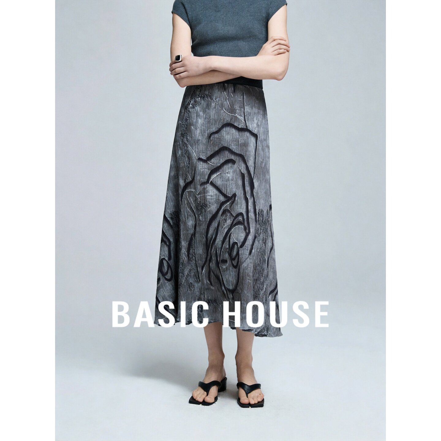 Basic House/百家好2026夏季新款高腰复古图案设计感半身A字裙女