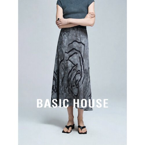 Basic House/百家好2026夏季新款高腰复古图案设计感半身A字裙女