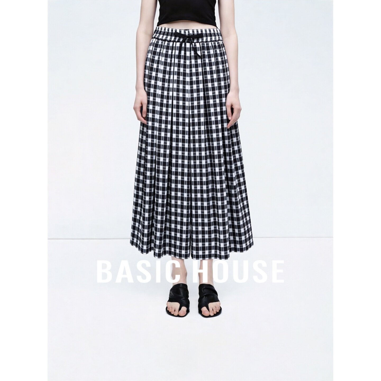Basic House/百家好休闲百搭格子阔腿裤女黑色系带显瘦百搭透气