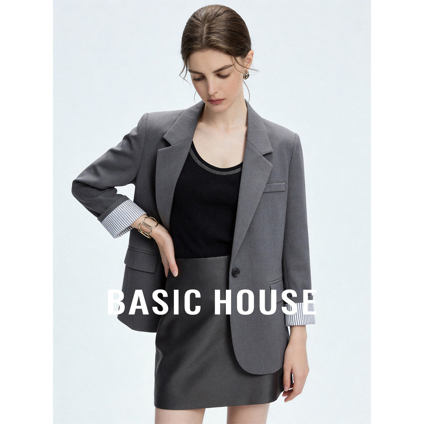Basic House/百家好经典袖口条纹拼接西装外套2026秋气质上衣女
