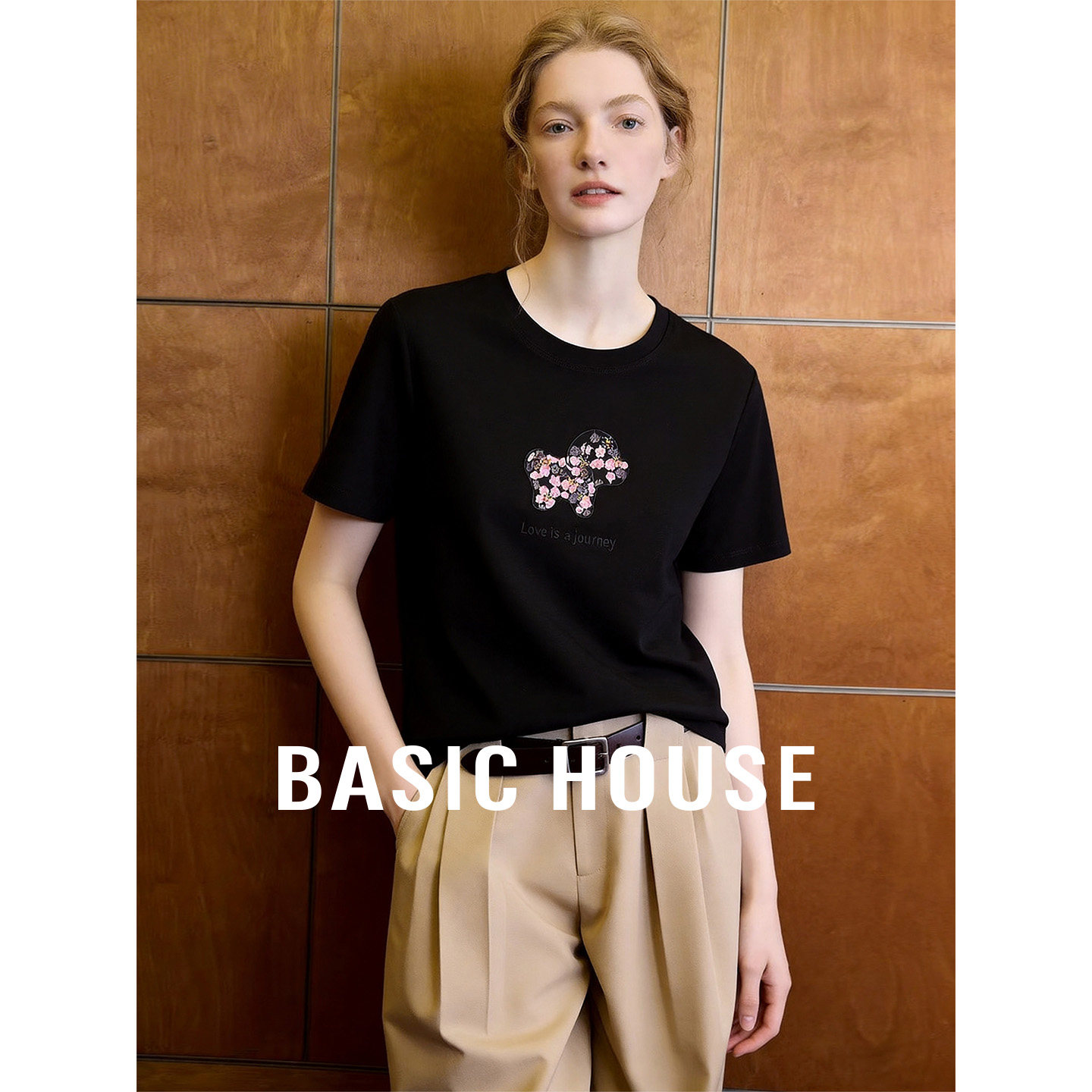 Basic House/百家好黑色圆领小众设计感T恤女26夏季宽松休闲内搭