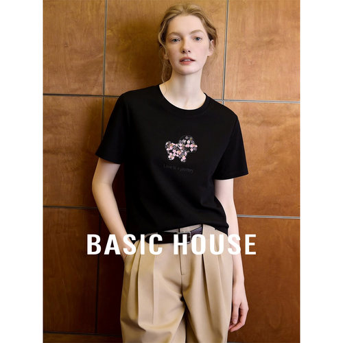 Basic House/百家好黑色圆领小众设计感T恤女26夏季宽松休闲内搭