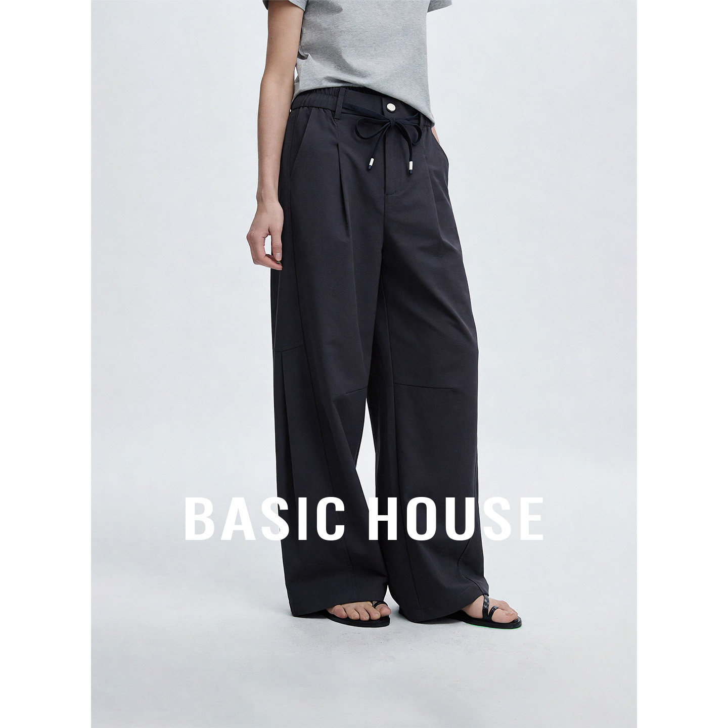 Basic House/百家好高腰抽绳系带休闲裤女夏季纯色宽松阔腿长裤子
