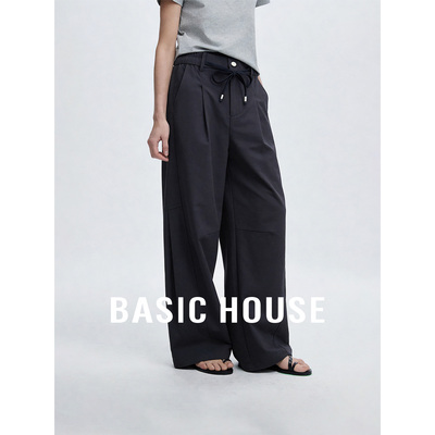 Basic House/百家好高腰抽绳系带休闲裤女夏季纯色宽松阔腿长裤子
