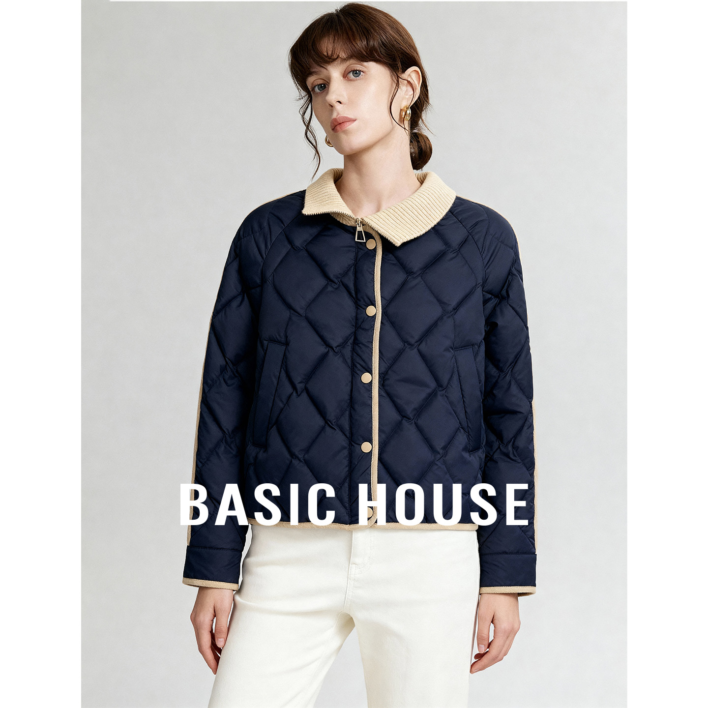 Basic House/百家好秋冬短款菱格羽绒服女新款针织领轻薄保暖外套