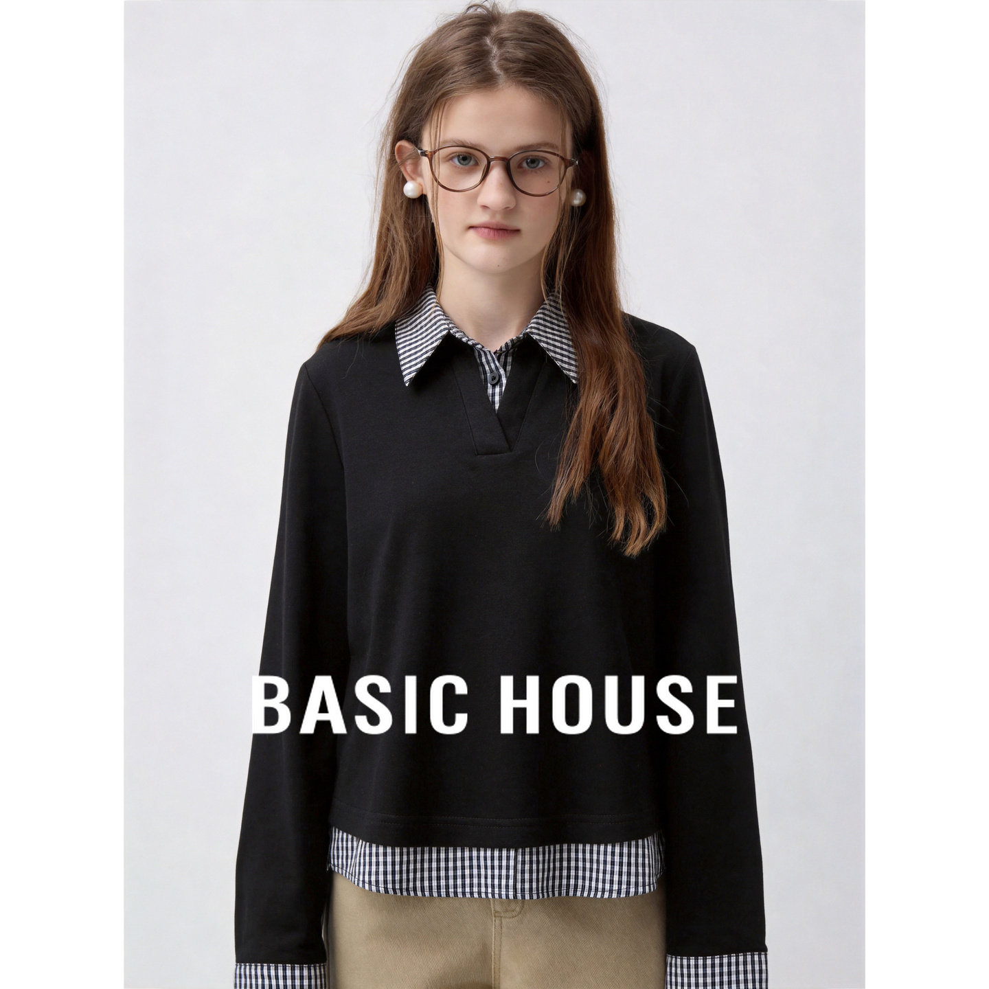 Basic House/百家好黑色格子拼接假两件长袖T恤女翻领秋季新款