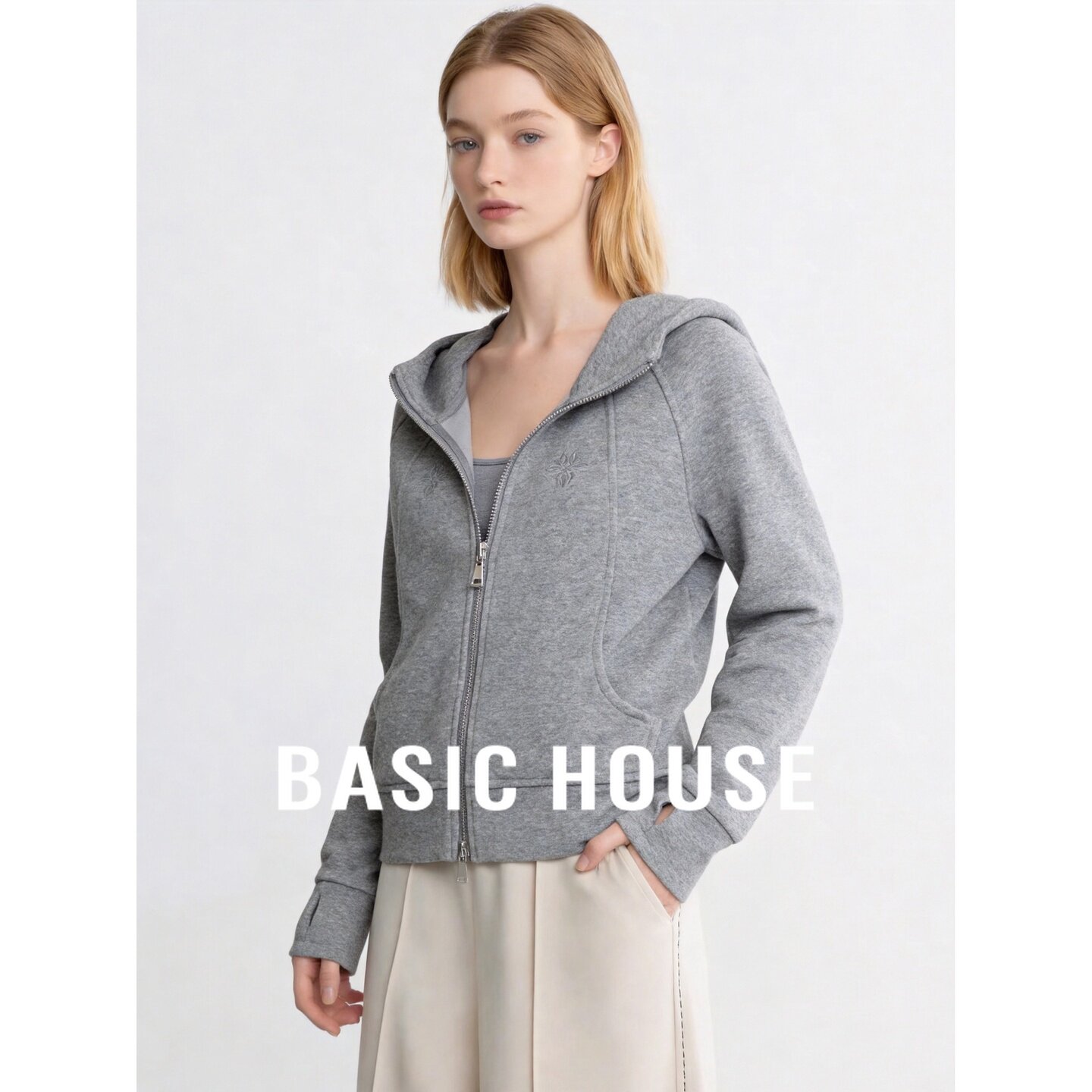 Basic House/百家好2026秋季灰色连帽宽松插肩袖长袖日常休闲卫衣