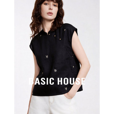 Basic House/百家好新中式国风亚麻短袖衬衫女2026夏黑色无袖上衣