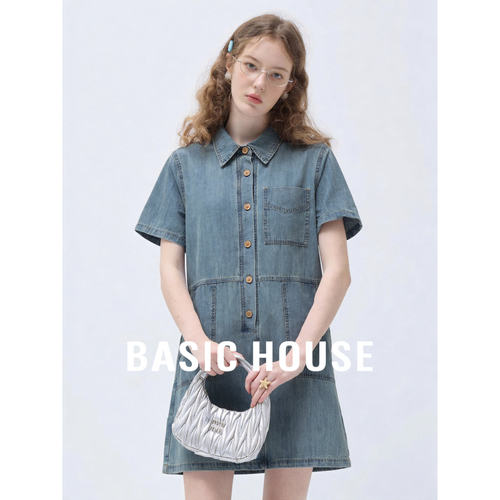 Basic House/百家好衬衫领连衣裙女夏宽松短袖牛仔小个子中裙
