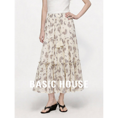 Basic House/百家好复古印花长款半身裙女夏摆流苏腰带高腰蛋糕裙