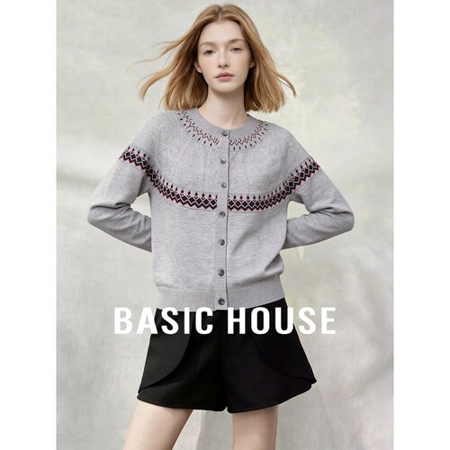 Basic House/百家好费尔岛针织开衫女灰色圆领长袖外套减龄上衣