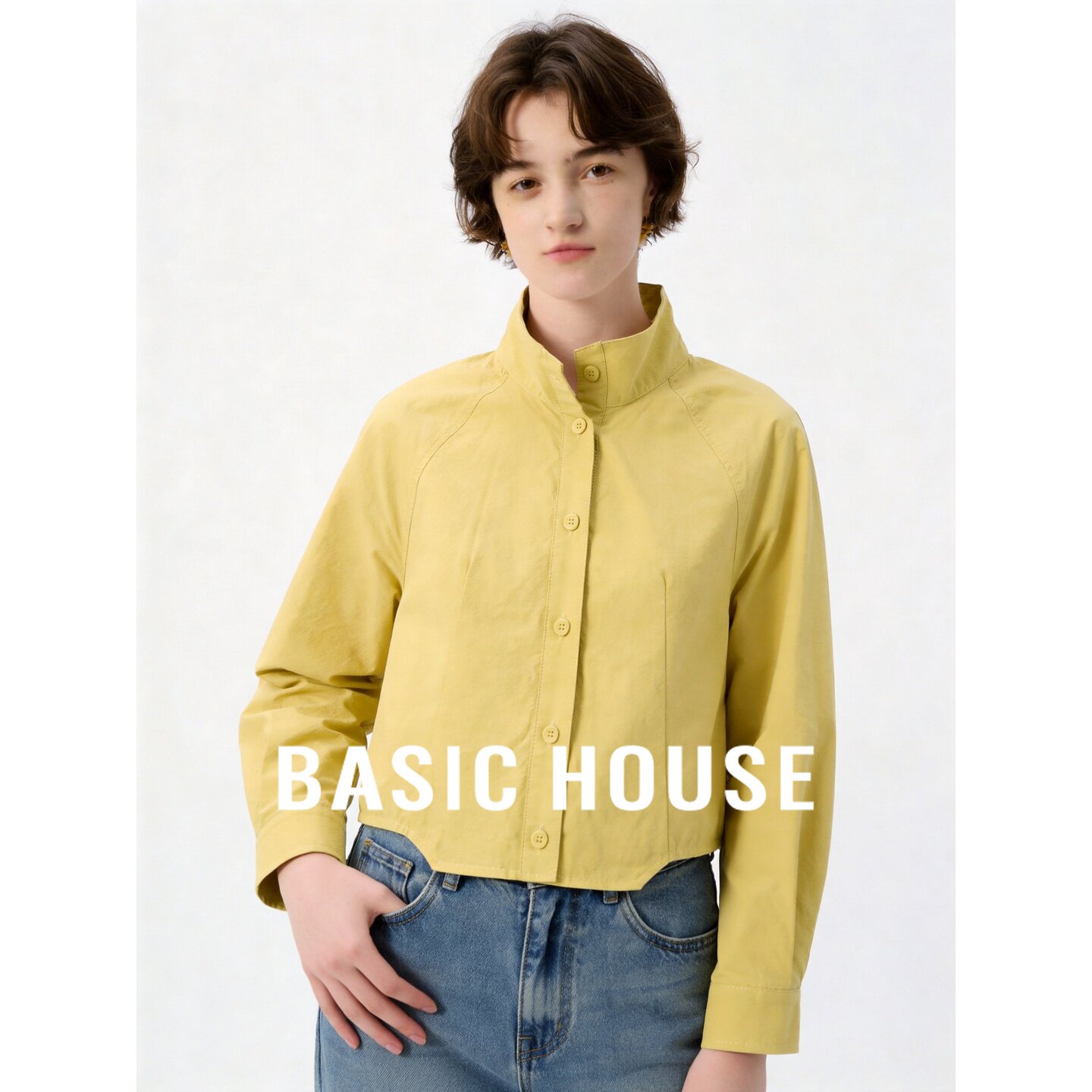 Basic House/百家好极简风短款纯棉衬衫女黄色宽松时髦休闲上衣