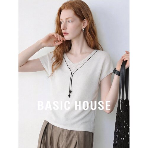 Basic House/百家好莱赛尔V领短袖针织衫女宽松显瘦气质白色上衣