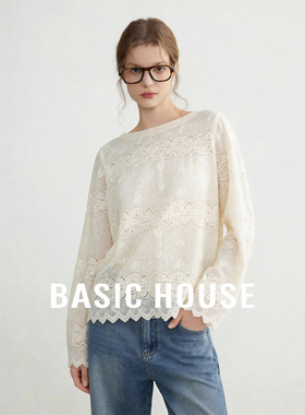 Basic House/百家好白色圆领小众弹力蕾丝长袖T恤女春季花边上衣