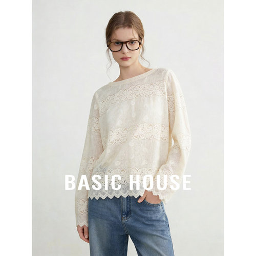 Basic House/百家好白色圆领小众弹力蕾丝长袖T恤女春季花边上衣