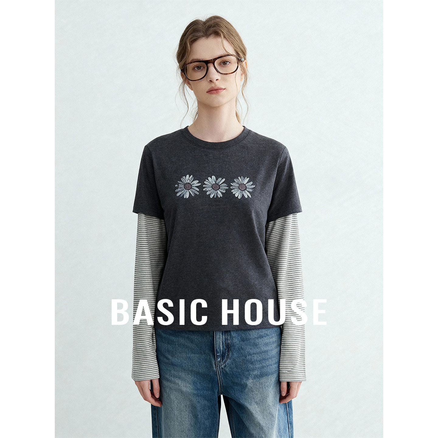 百家好/2026年春季圆领雏菊刺绣假两件长袖T恤女减龄显瘦百搭上衣