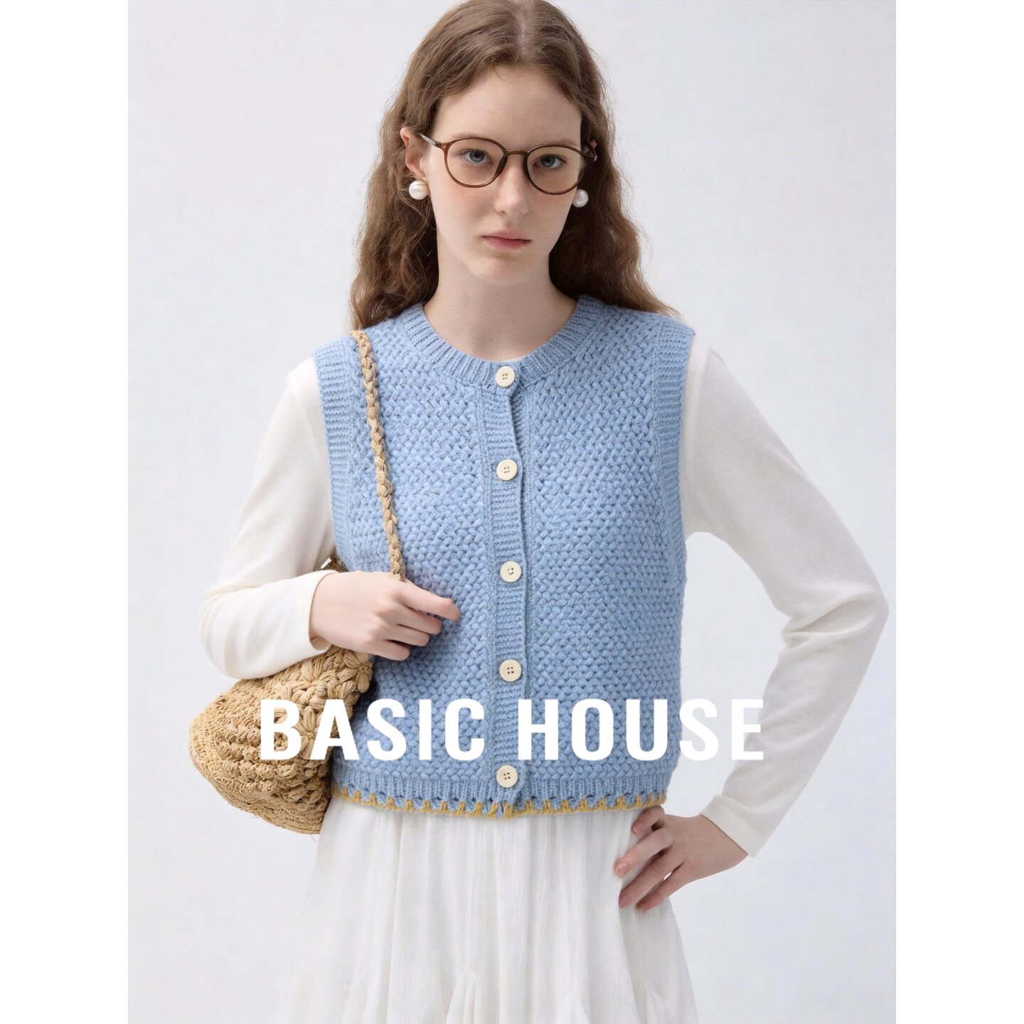 Basic House/百家好针织马甲女淡蓝色单排扣无袖开衫背心叠穿通勤