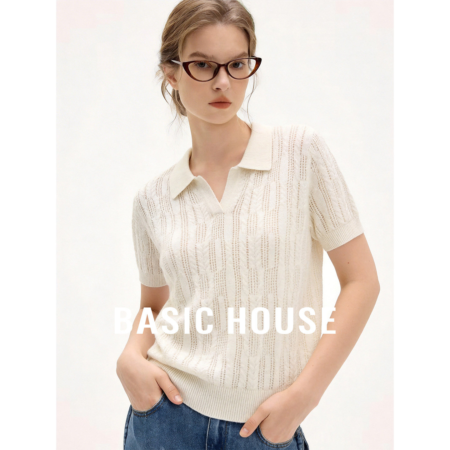 Basic House/百家好polo领短袖针织衫女2026夏季百搭镂空薄款上衣