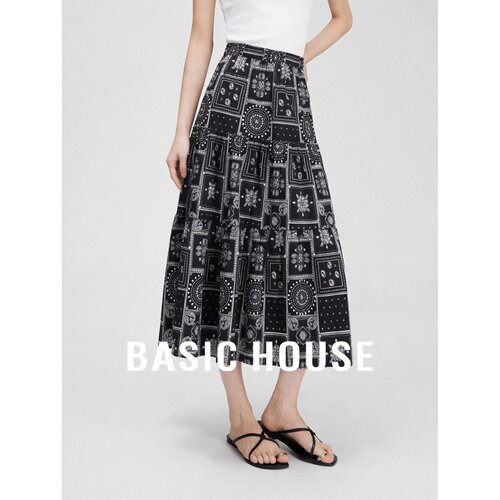 Basic House/百家好复古印花半身裙女高腰A字中长裙垂感百搭