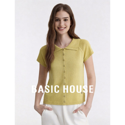 BasicHouse百家好黄色翻领短袖针织开衫女夏季2026新款扣显瘦上衣