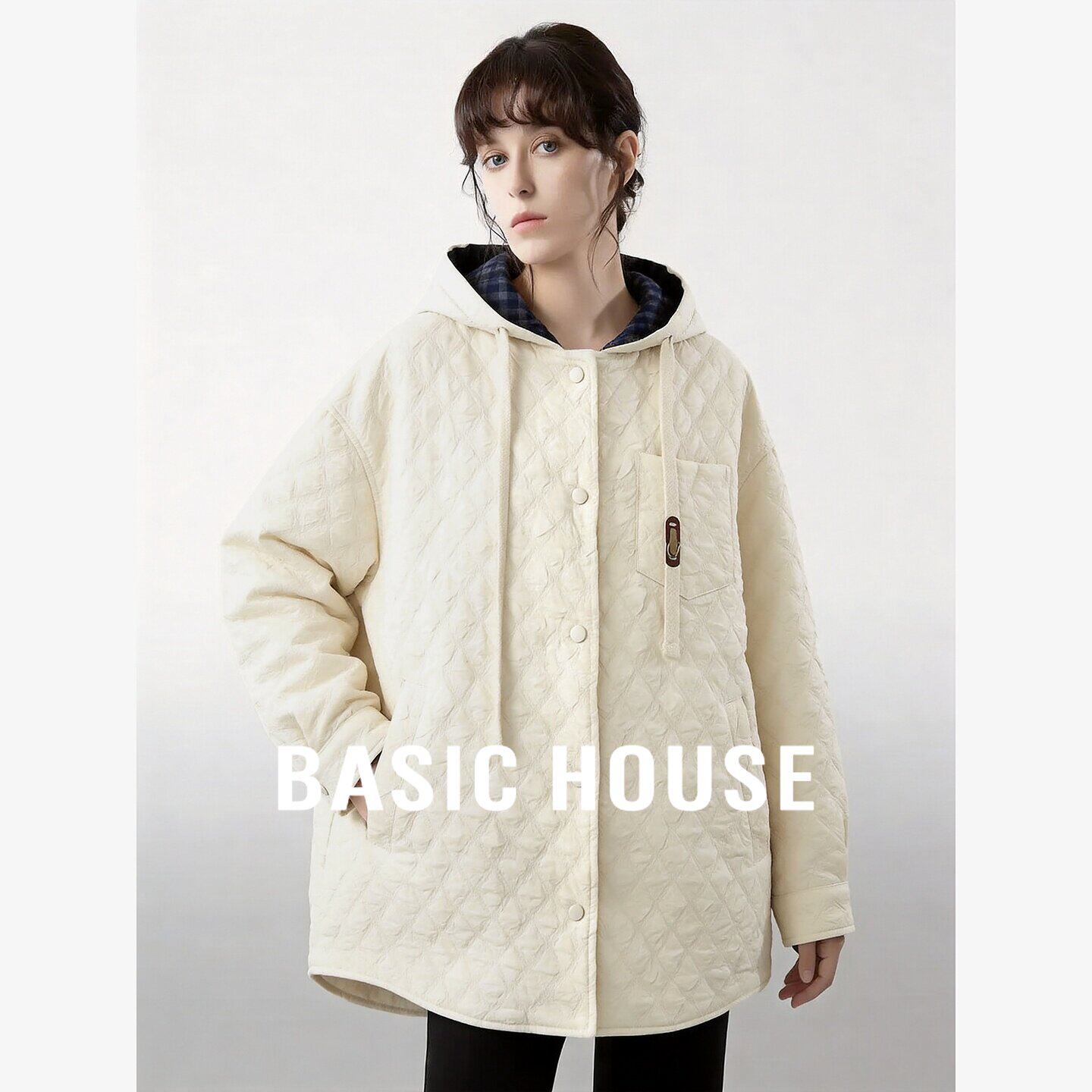 Basic House/百家好休闲慵懒菱格纹连帽棉服女宽松显瘦中长款外套